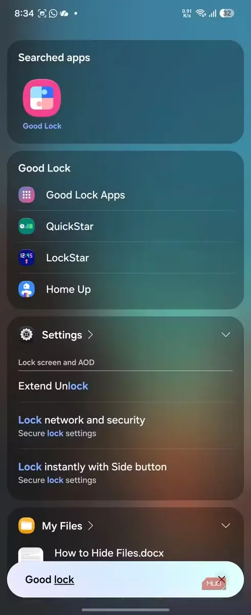 نتایج جستوجوی برنامه Good Lock در منوی تنظیمات Android