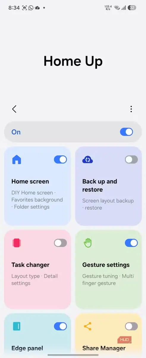 منوی تنظیمات برنامه Home Up با گزینههای شخصیسازی