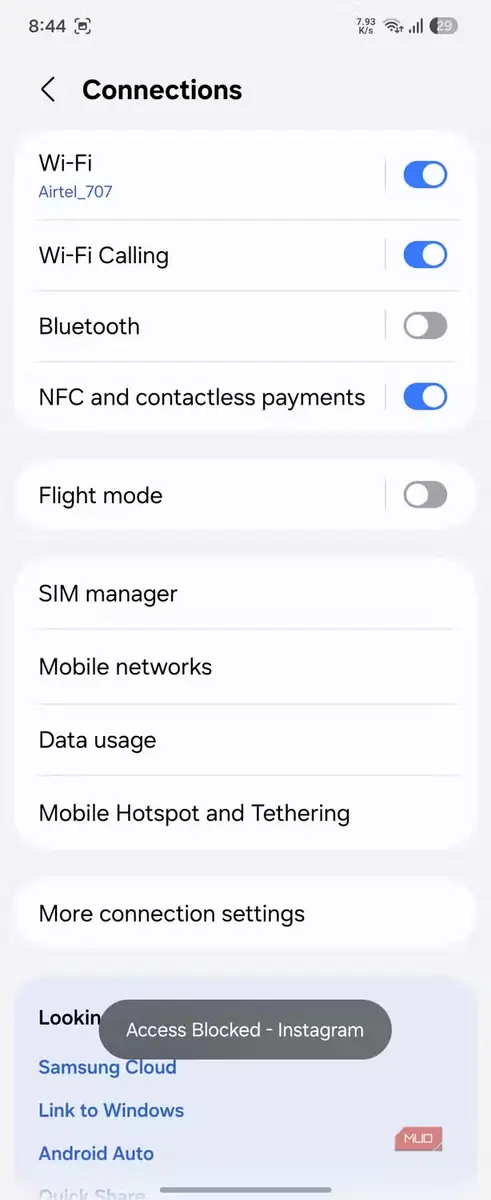 منوی تنظیمات اتصالات Android با کلیدهای Wi-Fi، Bluetooth و NFC