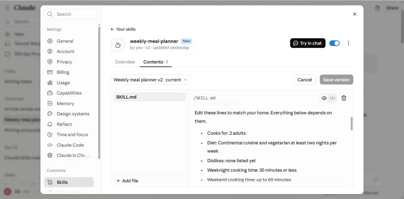 مهارت برنامهریز هفتگی غذا در تنظیمات مهارتهای کلود، همراه با دستورهای فایل SKILL.md