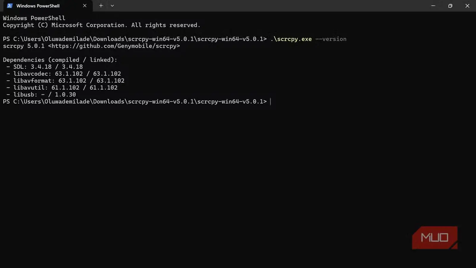 اجرای scrcpy 5.0.1 در محیط Windows PowerShell