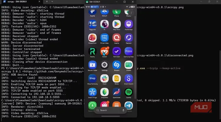 اتصال بی‌سیم scrcpy میان Android و Windows با TCP/IP