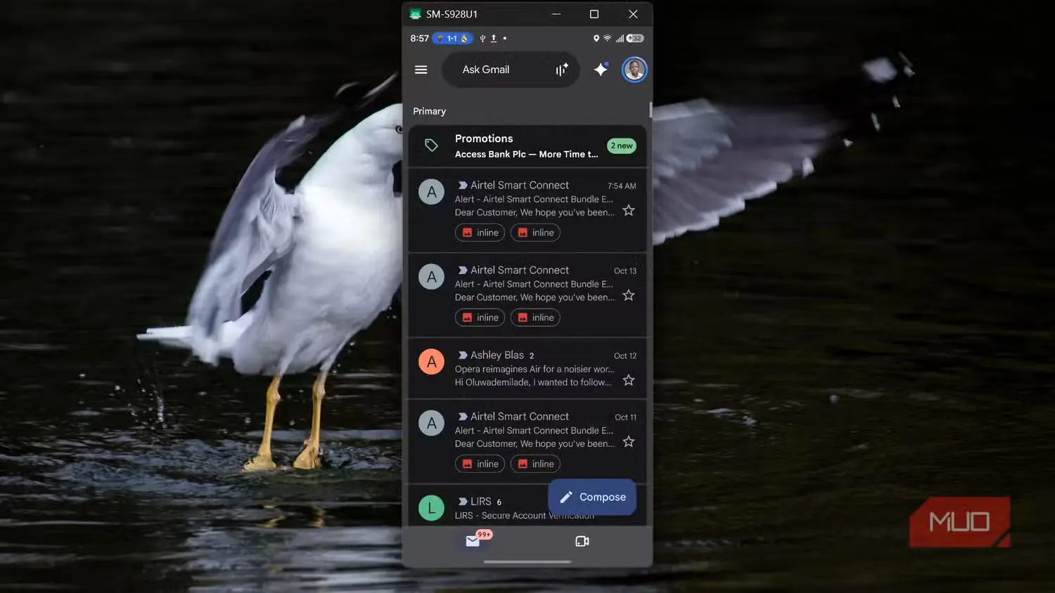 نمایش برنامه Gmail اندروید با scrcpy روی Windows