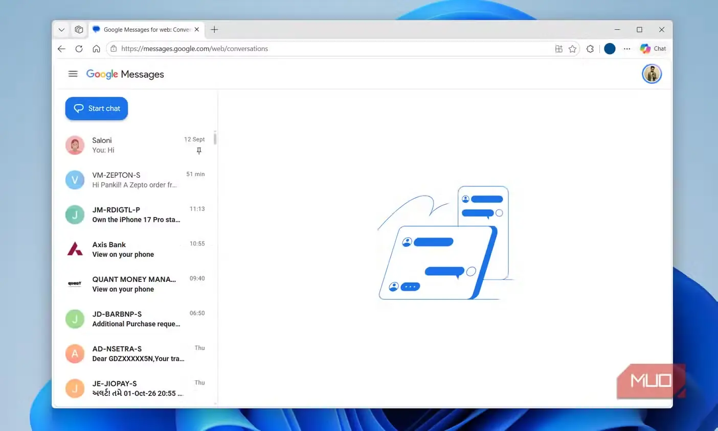 نمای نسخه وب Google Messages در مرورگر رایانه
