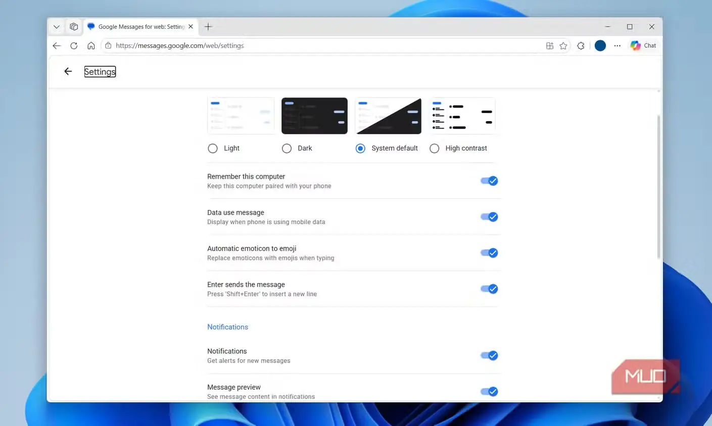 تنظیمات Google Messages تحت وب