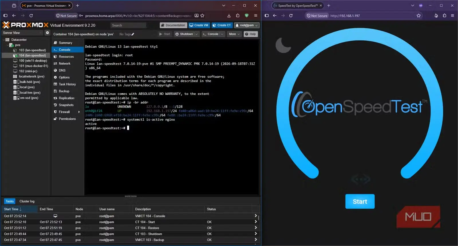 فعالیت OpenSpeedTest در کانتینر بازیابیشده 104، درحالیکه کانتینر اصلی 103 همچنان متوقف است