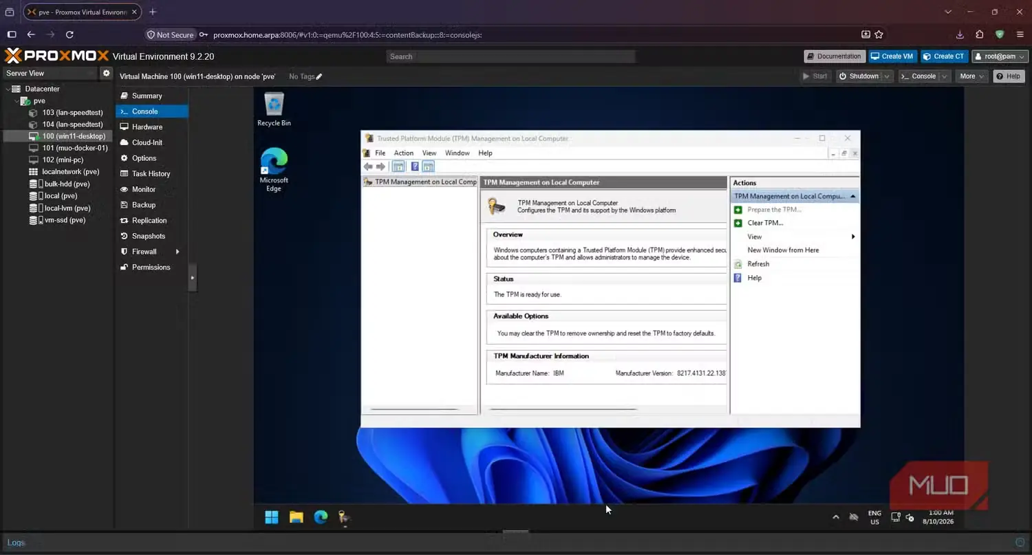 صفحه مدیریت TPM در Windows 11 با TPM 2.0 مجازی و آماده استفاده در ماشین مجازی Proxmox