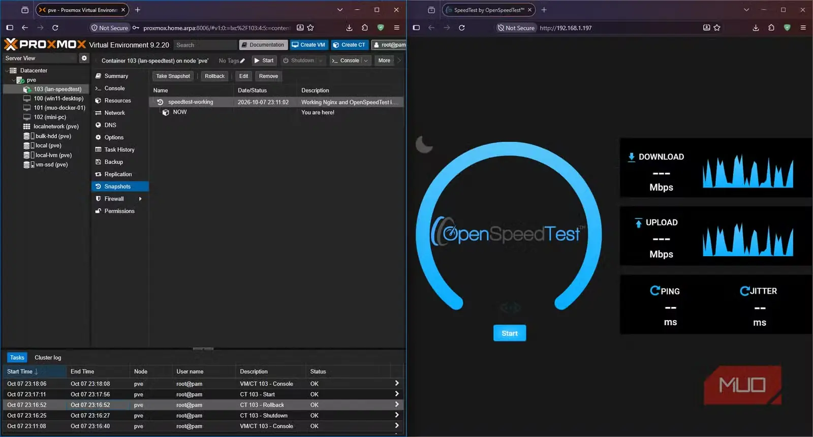 اجرای موفق بازگردانی در Proxmox در کنار رابط بازیابیشده OpenSpeedTest