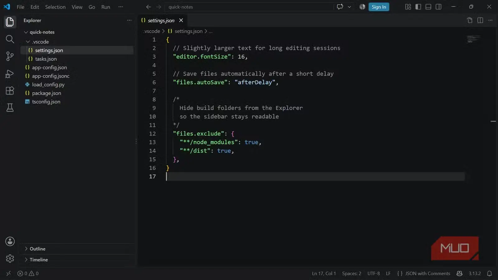 فایل settings.json در VS Code با توضیحات و ویرگول‌های پایانی، بدون هیچ خطایی در حالت «JSON همراه با توضیحات»