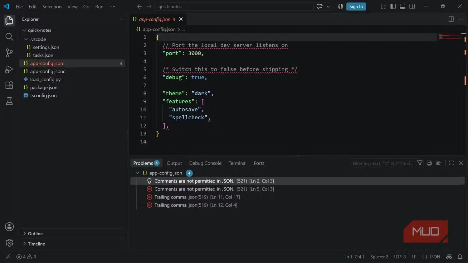 نمایش چهار خطا برای توضیحات و ویرگول‌های پایانی یک فایل پیکربندی استاندارد JSON در VS Code