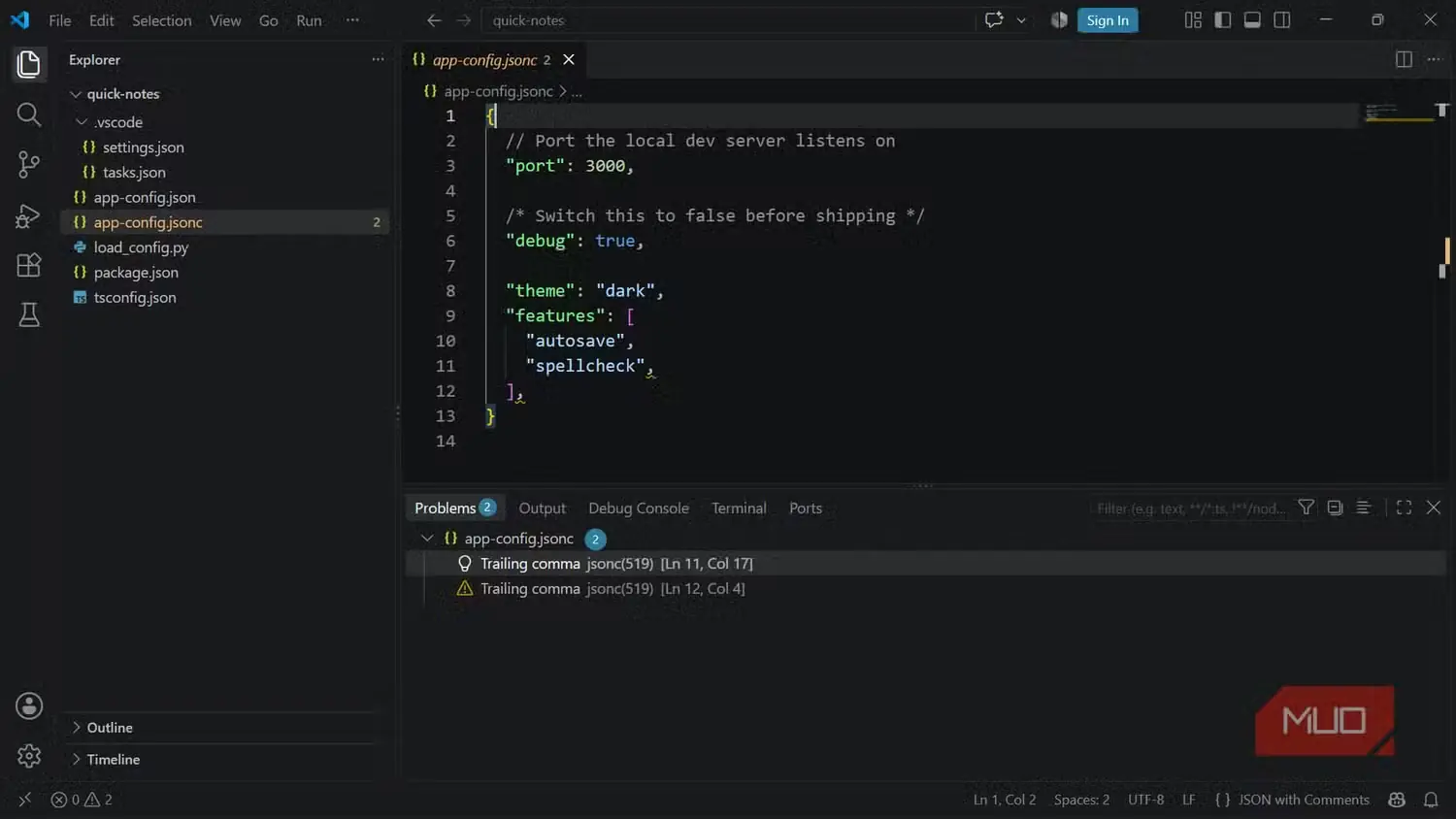 همان پیکربندی ذخیره‌شده به‌صورت فایل JSONC در VS Code، تنها با دو هشدار ویرگول پایانی