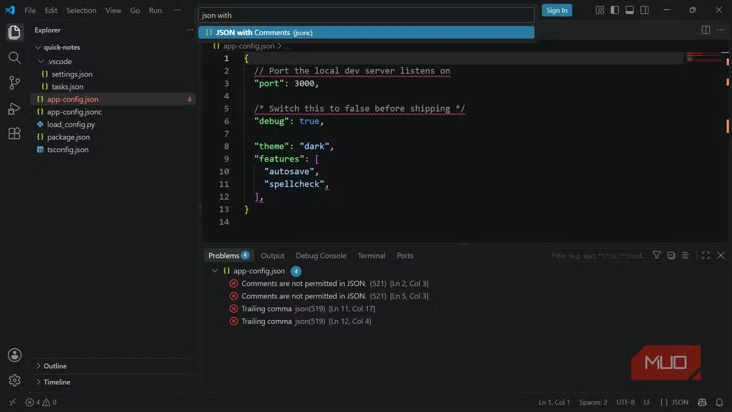گزینشگر حالت زبان در VS Code، پالایش‌شده برای نمایش «JSON همراه با توضیحات»