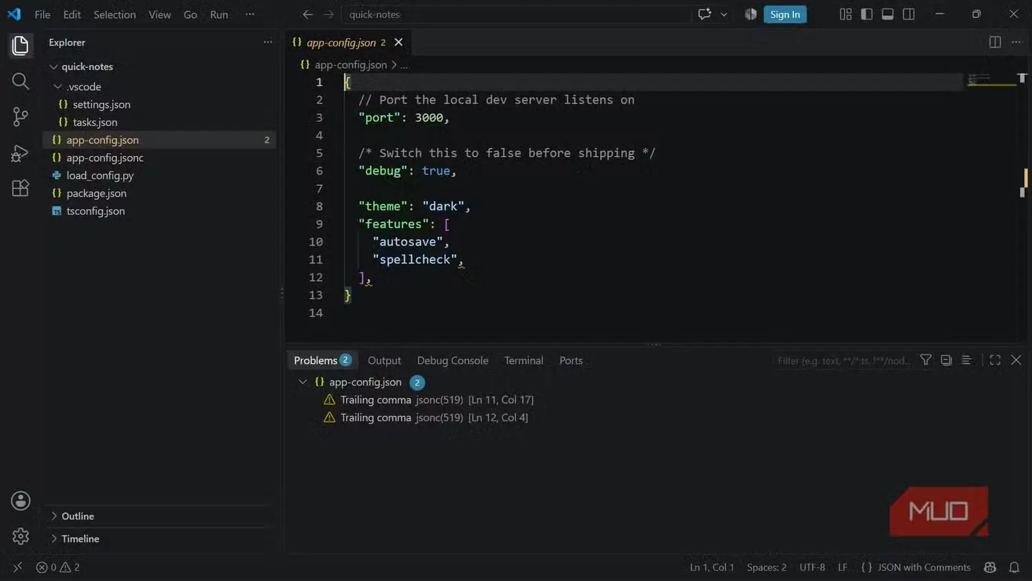 فایل پیکربندی JSON در VS Code پس از تغییر به حالت «JSON همراه با توضیحات» و برطرف‌شدن خطاها