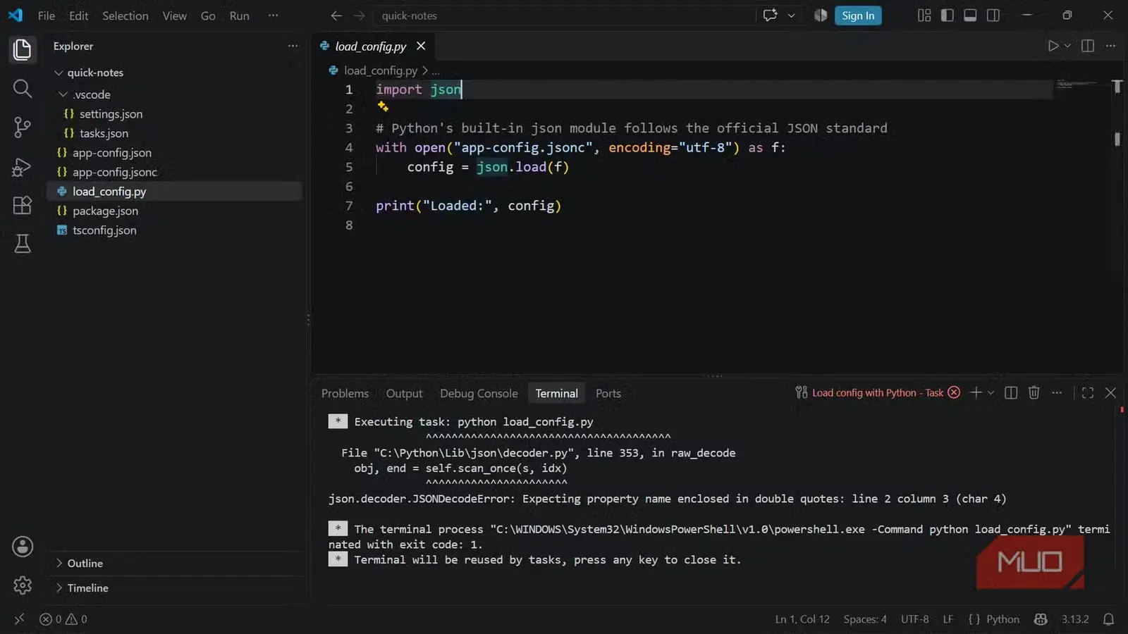 ناکامی پیمانه json پایتون در بارگذاری فایل پیکربندی JSONC با خطای JSONDecodeError در VS Code