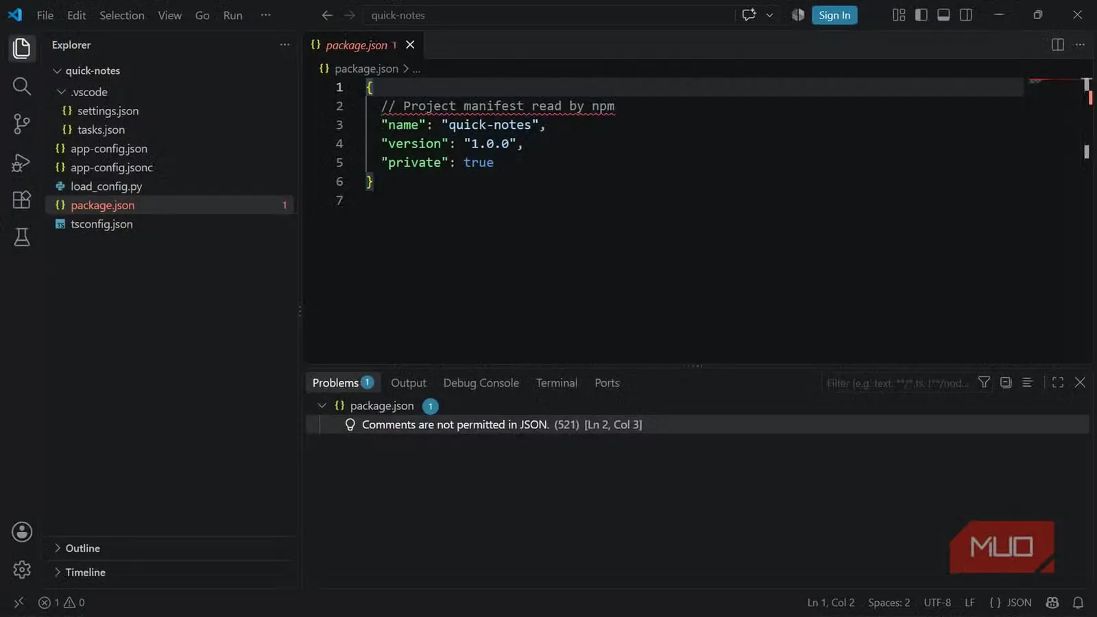 نمایش خطا برای یک توضیح در فایل package.json به‌دست VS Code در حالت سخت‌گیرانه JSON