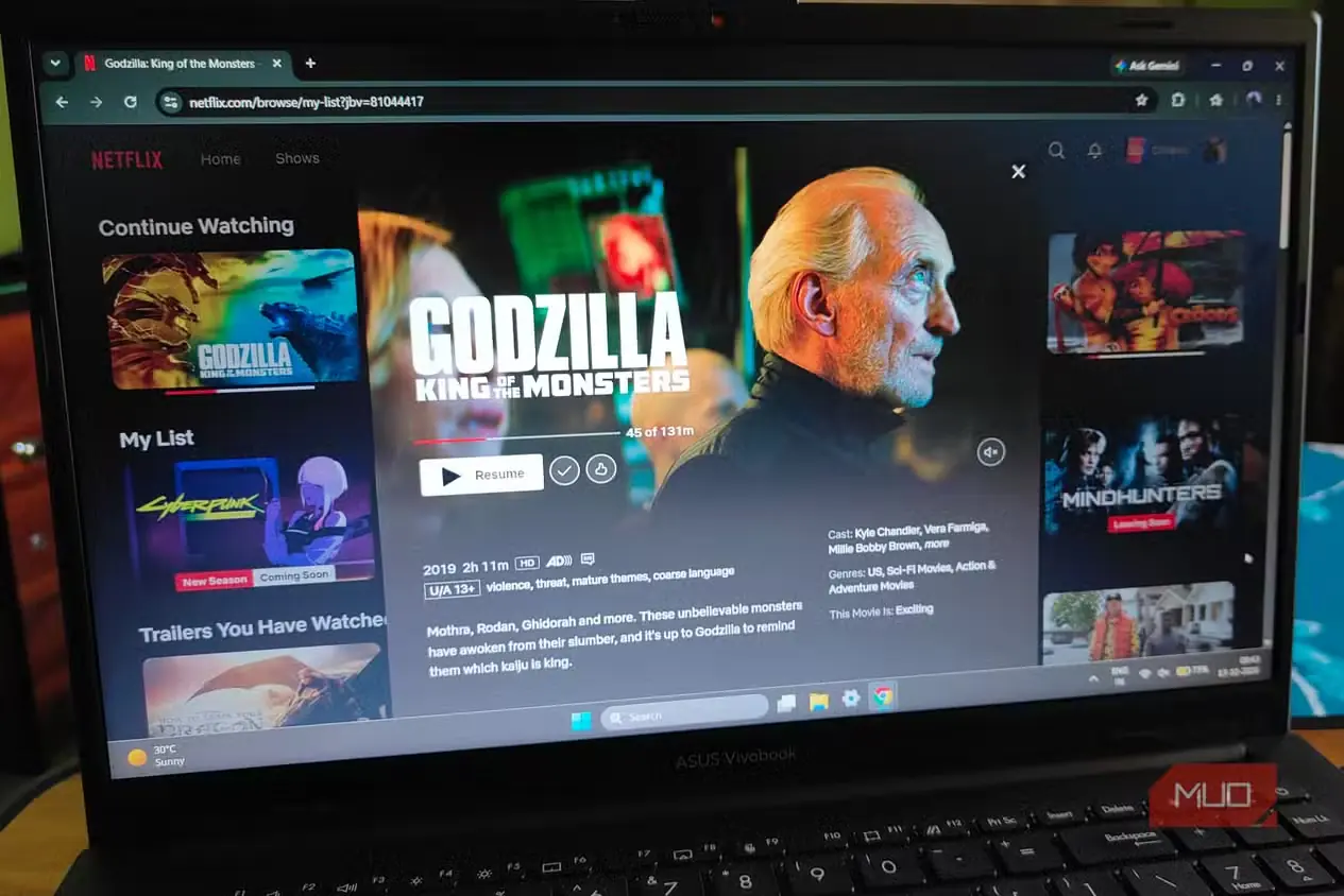 شرح فیلم «گودزیلا: سلطان هیولاها» در Netflix هنگام اجرا در Google Chrome
