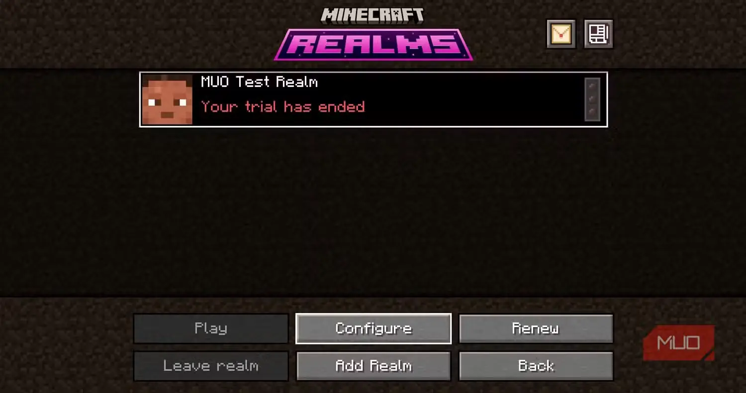 دکمهٔ پیکربندی Minecraft Realms Java Edition