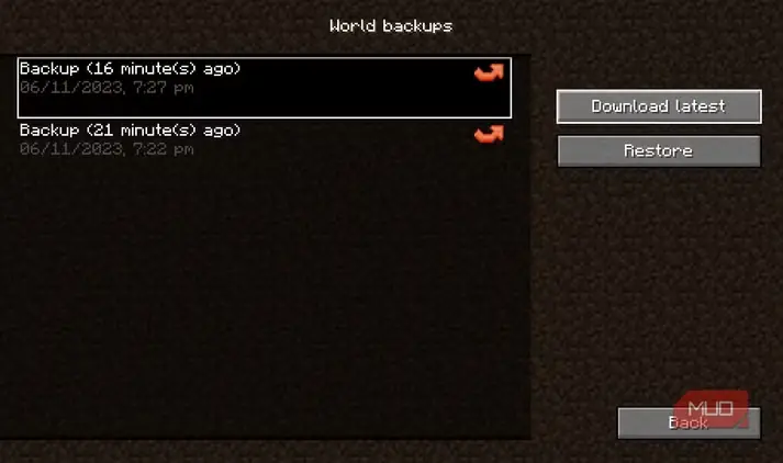 بخش نسخههای پشتیبان Minecraft Realms Java Edition