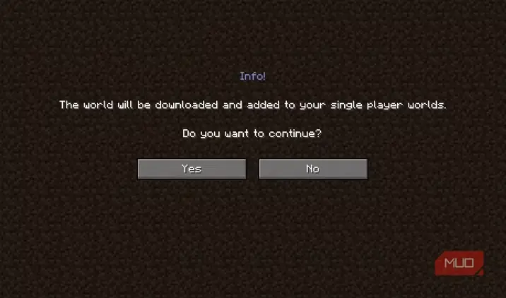 پیام تأیید پیش از بارگیری نسخهٔ پشتیبان Minecraft Realms Java Edition