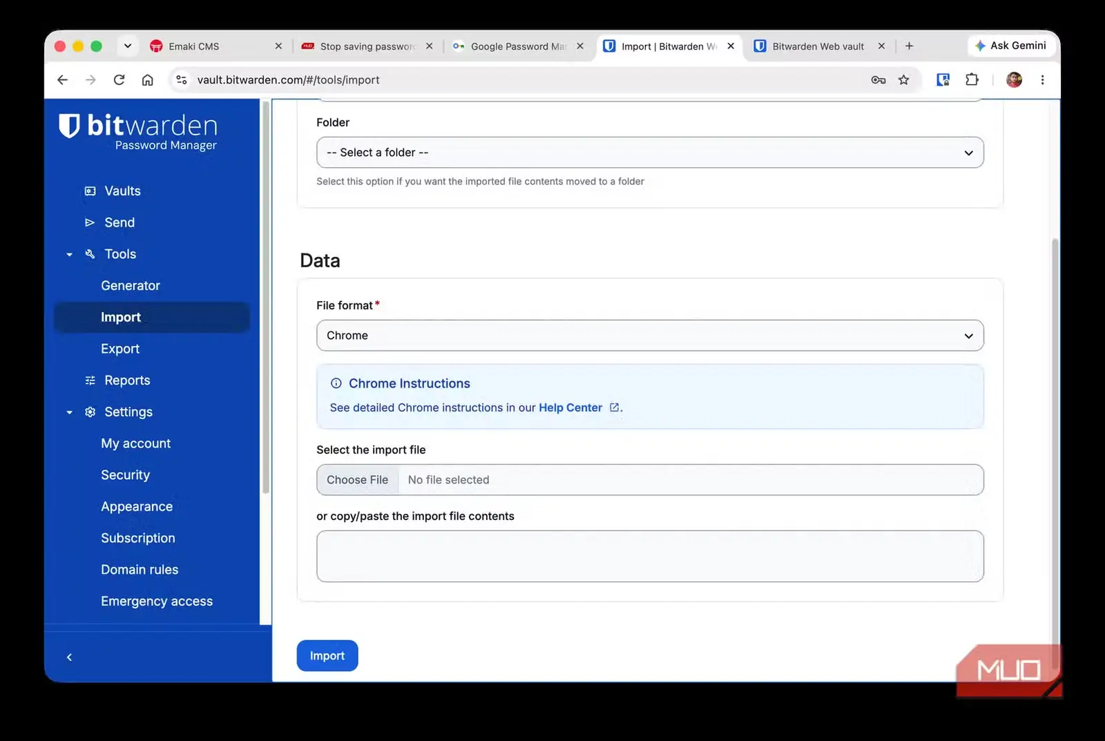 صفحه درون‌ریزی داده‌های Bitwarden Web Vault با انتخاب Chrome