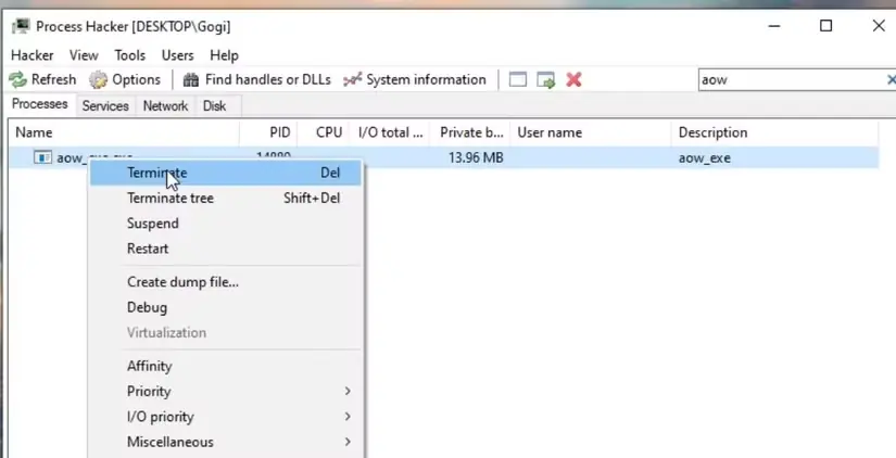 گزینه پایاندادن در Process Hacker