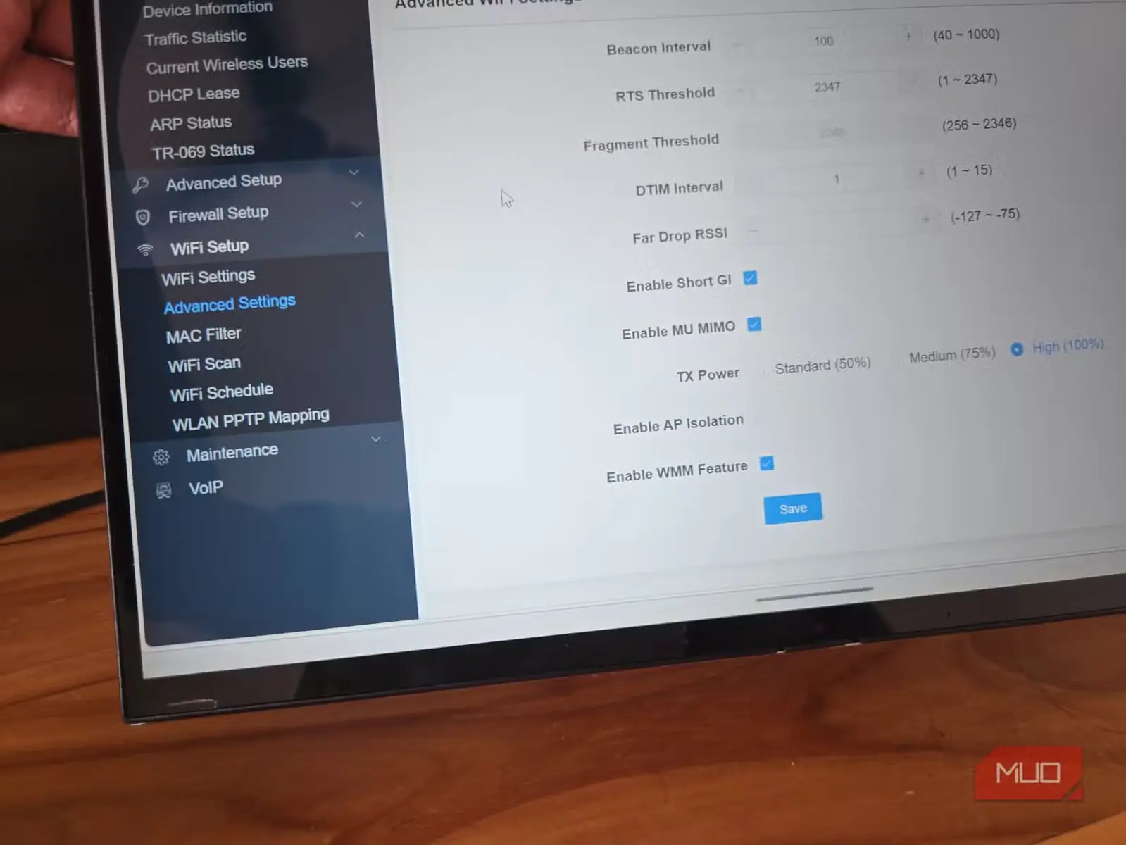 رابط تنظیمات پیشرفته روتر وایفای با گزینههای فاصله Beacon و پارامترهای RSSI
