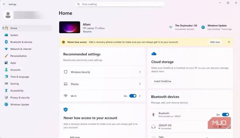 گزینه نصب OneDrive در تنظیمات Windows