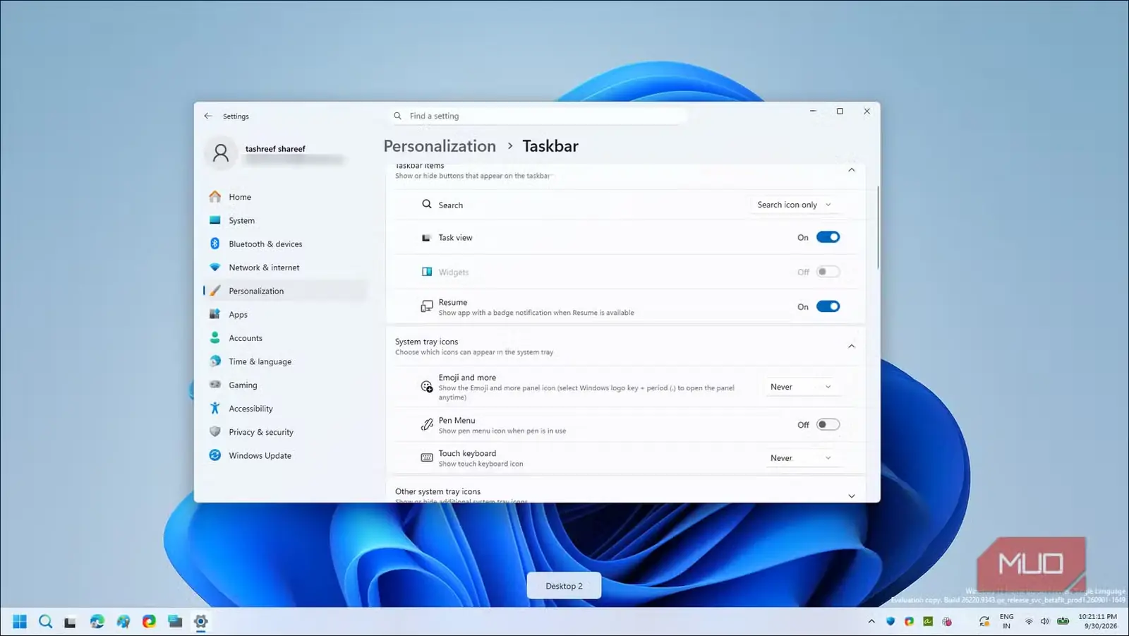 صفحه پیکربندی نوار وظیفه در بخش شخصی‌سازی تنظیمات Windows