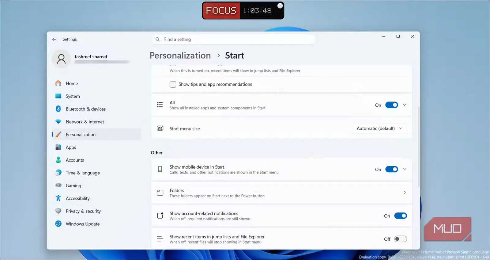 پنل پیکربندی منوی استارت در بخش شخصی‌سازی تنظیمات Windows