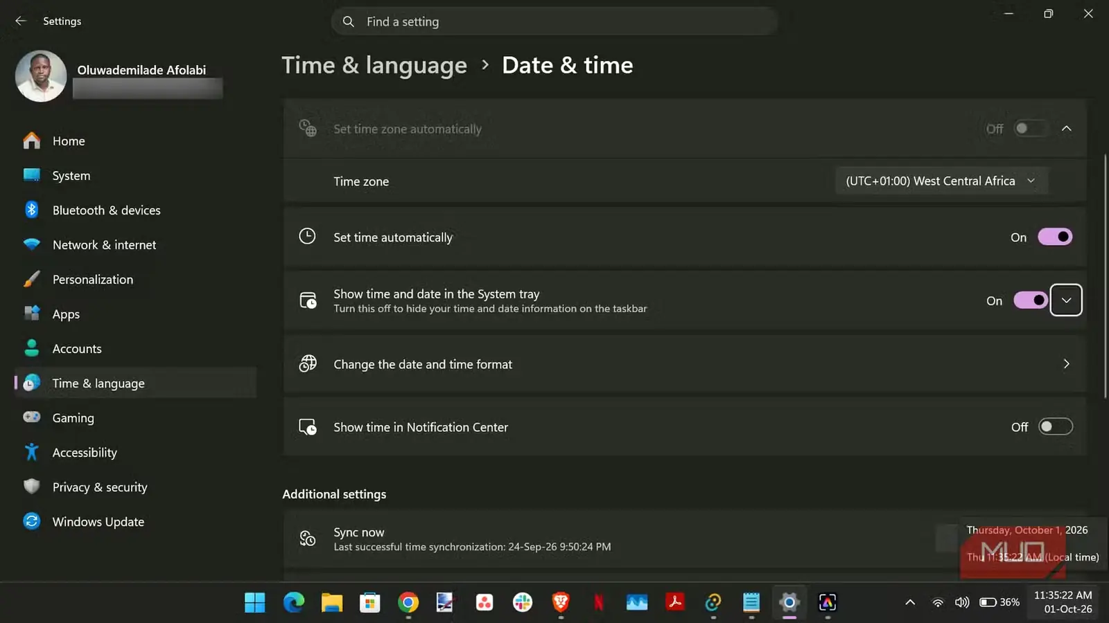 منوی تنظیمات تاریخ و زمان در Windows 11