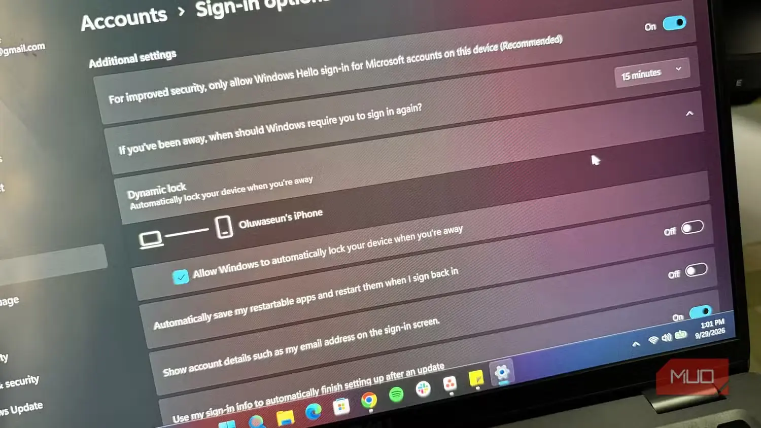 بخش قفل پویا در تنظیمات Windows