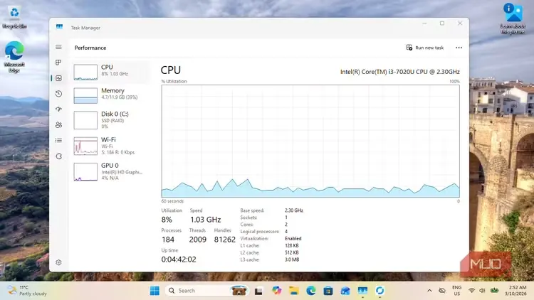 نمای مدیر وظیفه پیش از تغییر تنظیمات، با مصرف 8% پردازنده و استفاده از 4.7GB حافظه