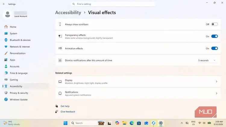تصویر effects-before.png از تنظیمات دسترسپذیری Windows 11 با جلوههای پویانمایی و شفافیت فعال