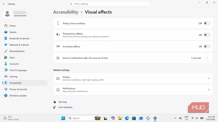 نمای تنظیمات جلوههای بصری Windows 11 با پویانمایی و شفافیت خاموش