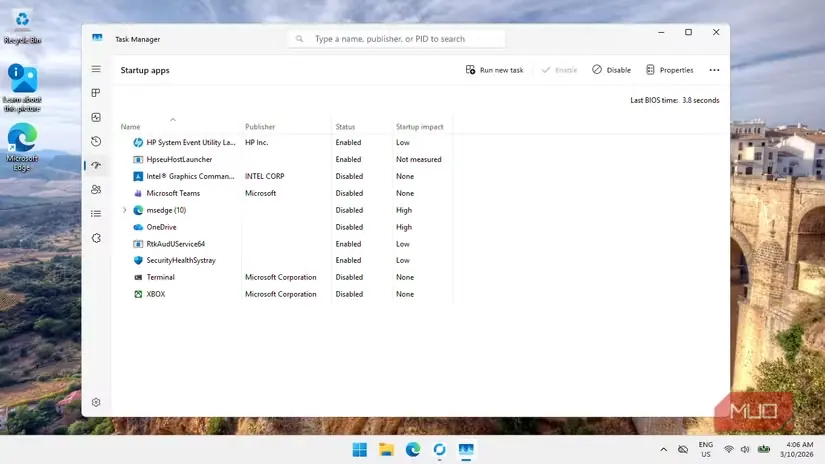 نمای مدیر وظیفهٔ Windows 11 از برنامههای آغاز به کار با Microsoft Edge غیرفعال