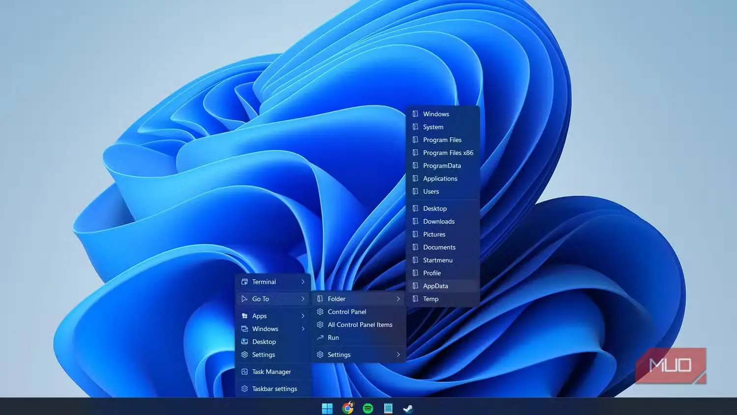 منوی زمینهای Nilesoft Shell روی نوار وظیفه ویندوز 11 و گزینه Go to
