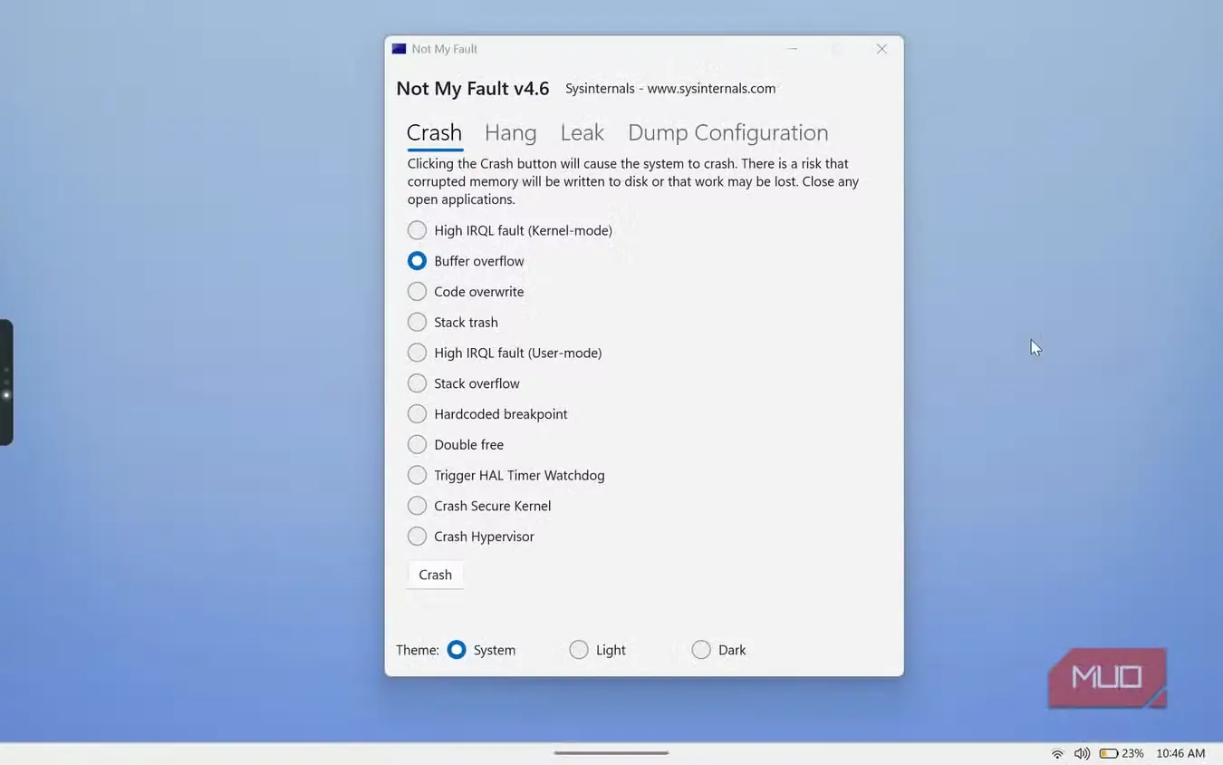 ابزار آزمون خرابی سیستم NotMyFault v4.6 با گزینهٔ سرریز بافر انتخابشده