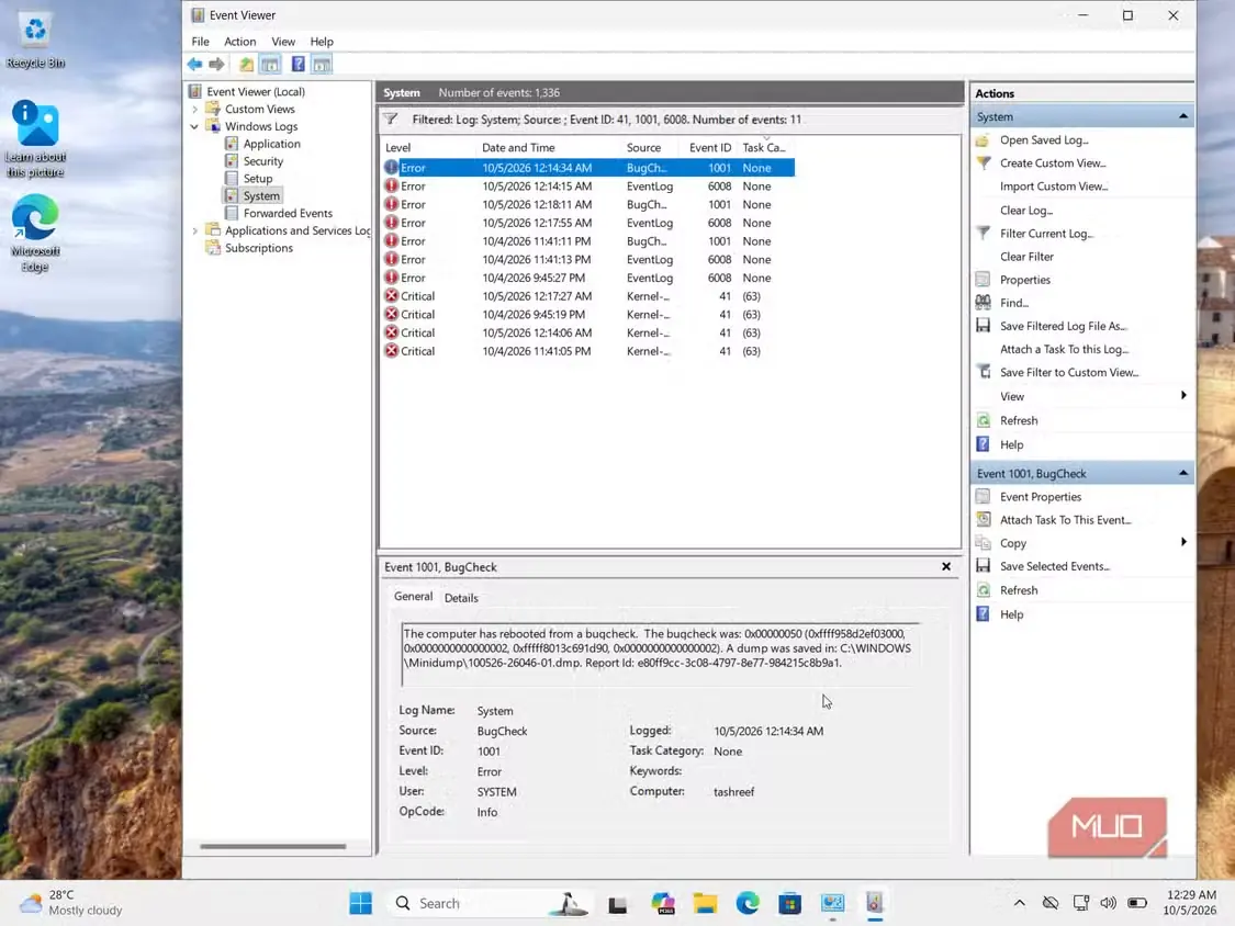 گزارشهای سیستمی نمایش رویداد Windows شامل رخدادهای خطای BugCheck در اکتبر ۲۰۲۶
