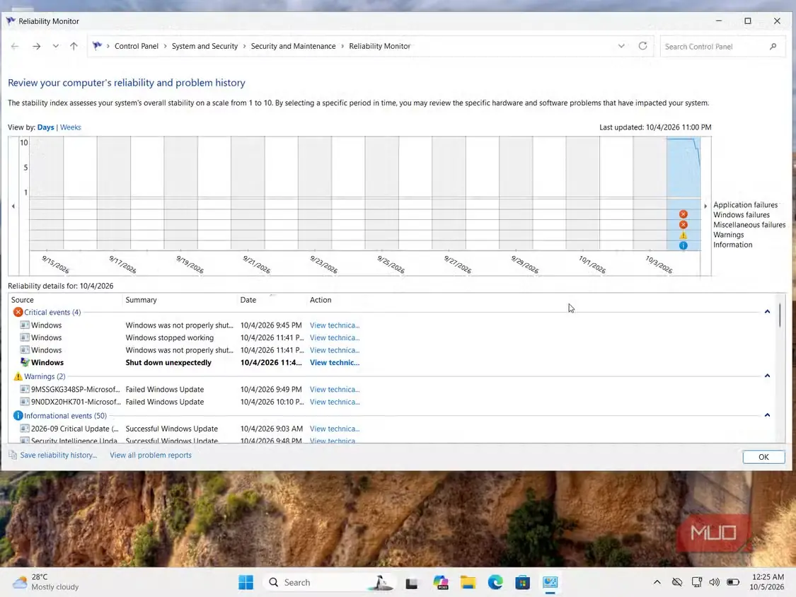 نمایشگر قابلیت اطمینان Windows با شاخص پایداری سیستم و گزارش شمارهٔ ۲ پیشینهٔ مشکلات