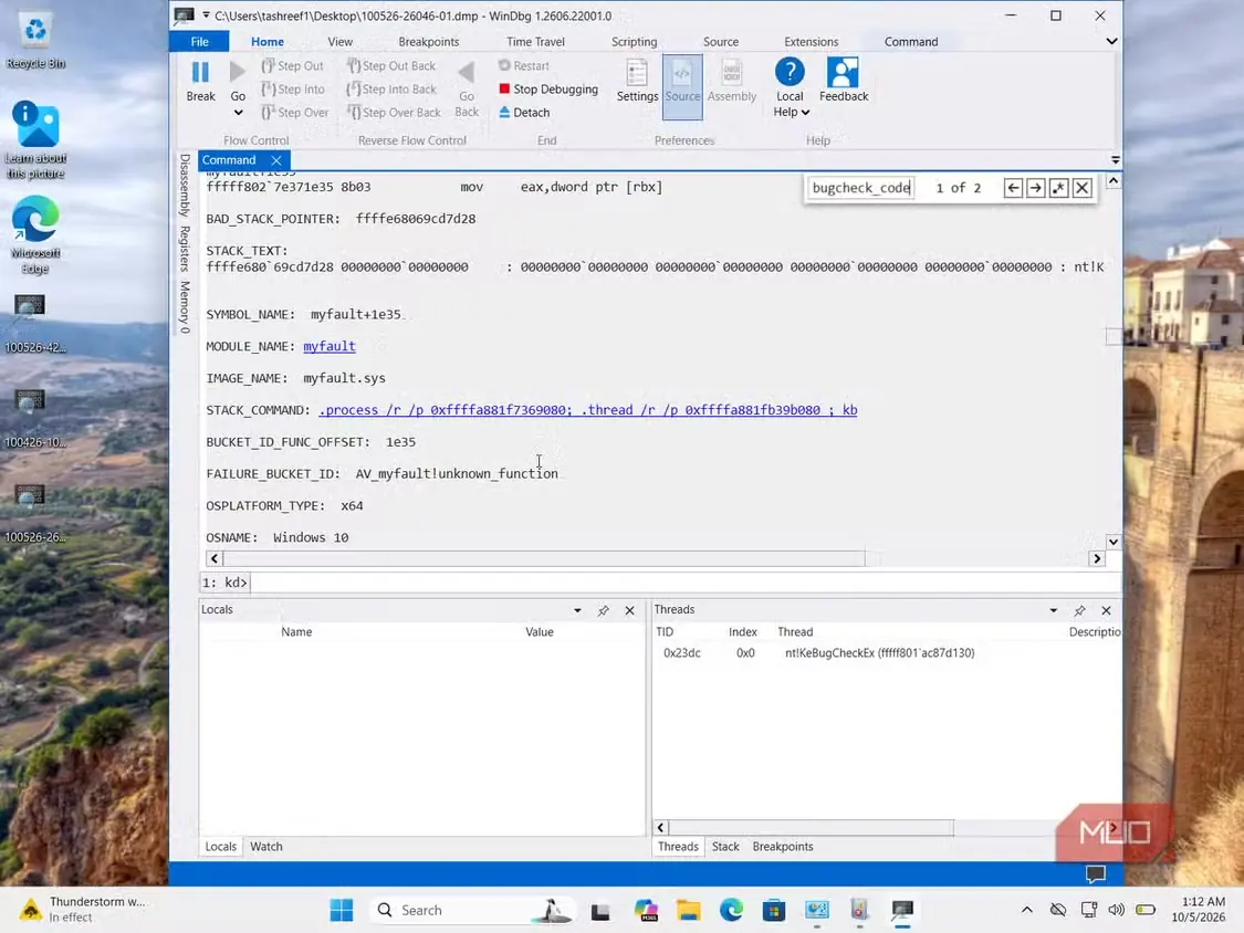 تحلیل رد پشتهٔ دامپ خرابی Windows 10 در اشکالزدای WinDbg