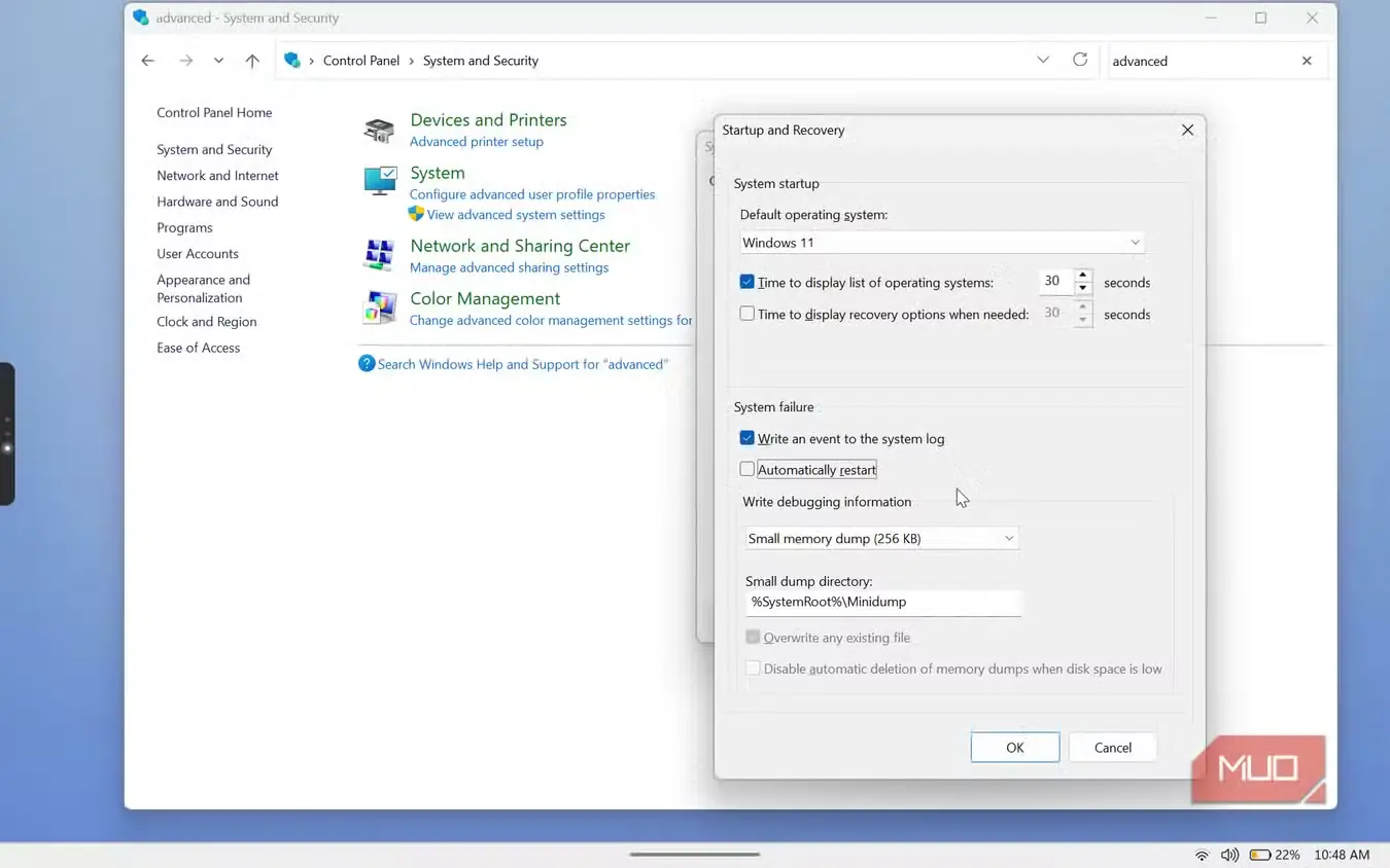 پنجرهٔ تنظیمات راهاندازی و بازیابی Windows 11 با گزینههای خرابی سیستم