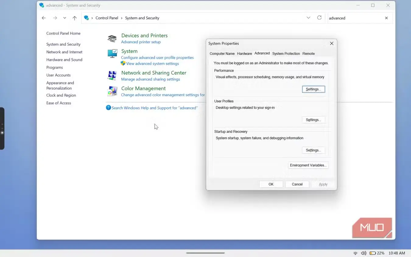 پنجرهٔ تنظیمات پیشرفتهٔ ویژگیهای سیستم Windows