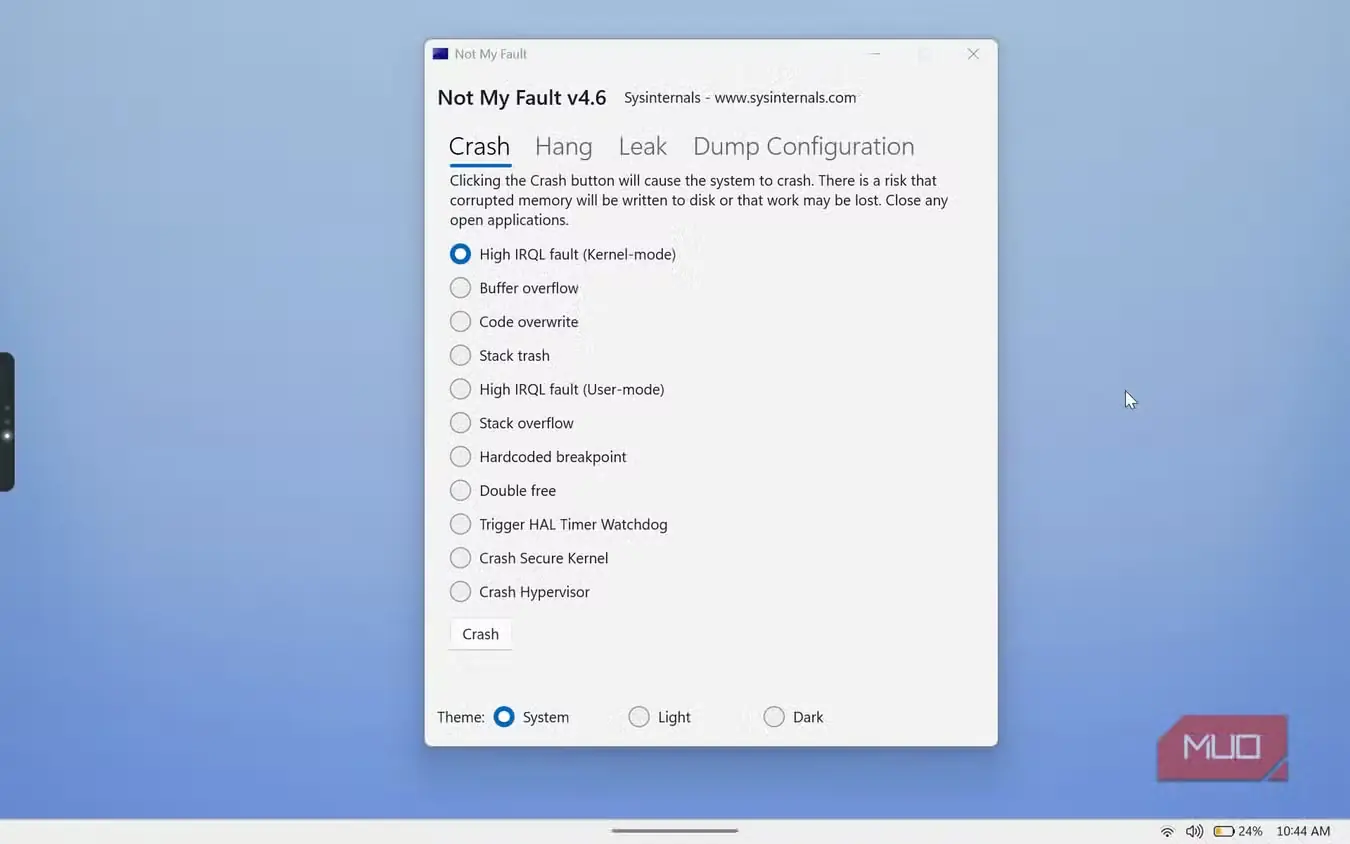 پنجرهٔ ابزار آزمون خرابی NotMyFault v4.6 با گزینههای نوع خطا