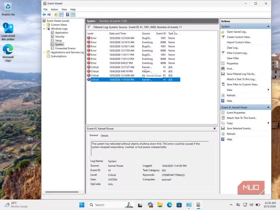 نمایش رویداد Windows و گزارش سیستم شامل رخدادهای بحرانی خطای Kernel-Power