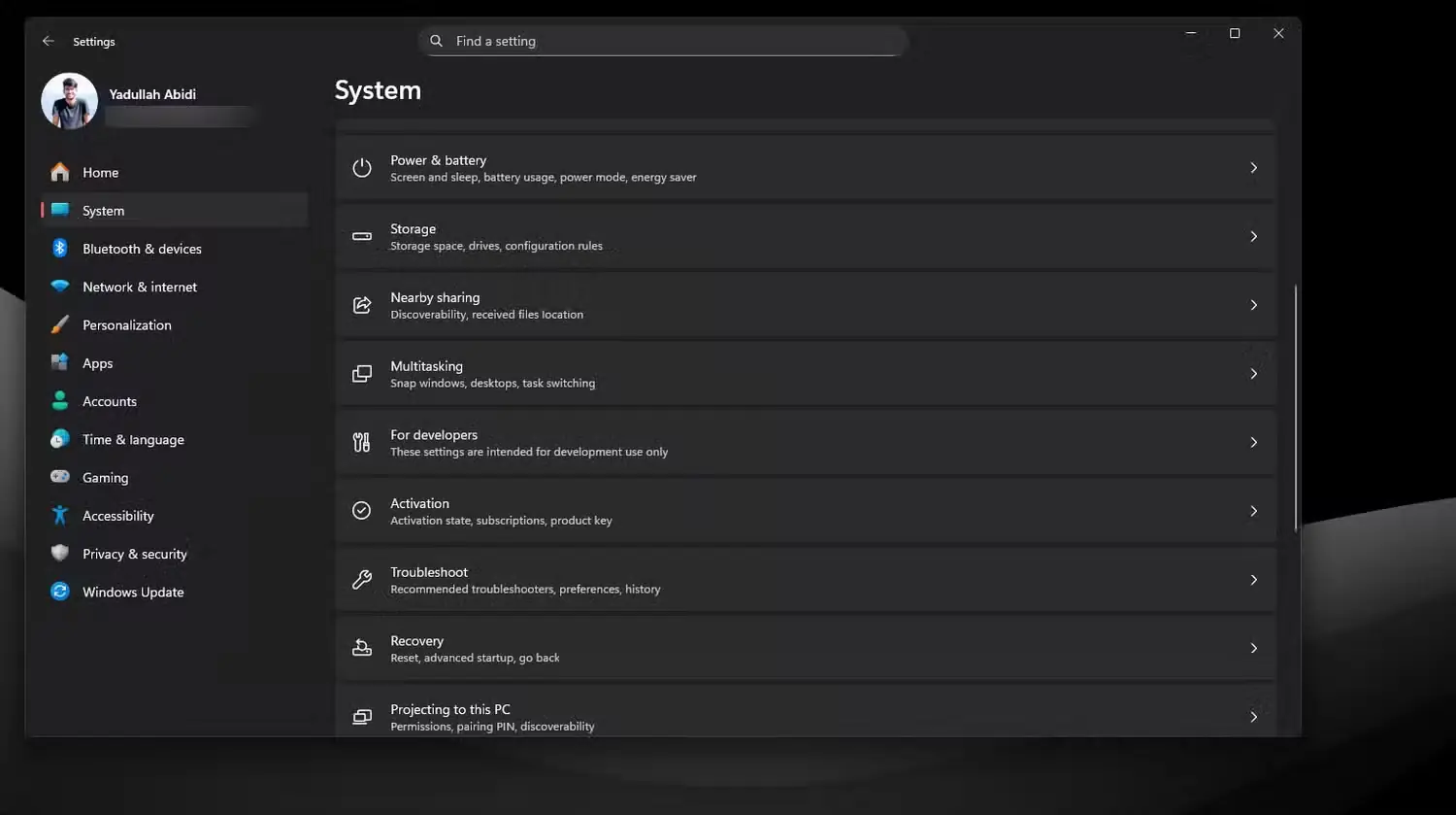 تنظیمات توسعه‌دهندگان در برنامهٔ Settings ویندوز
