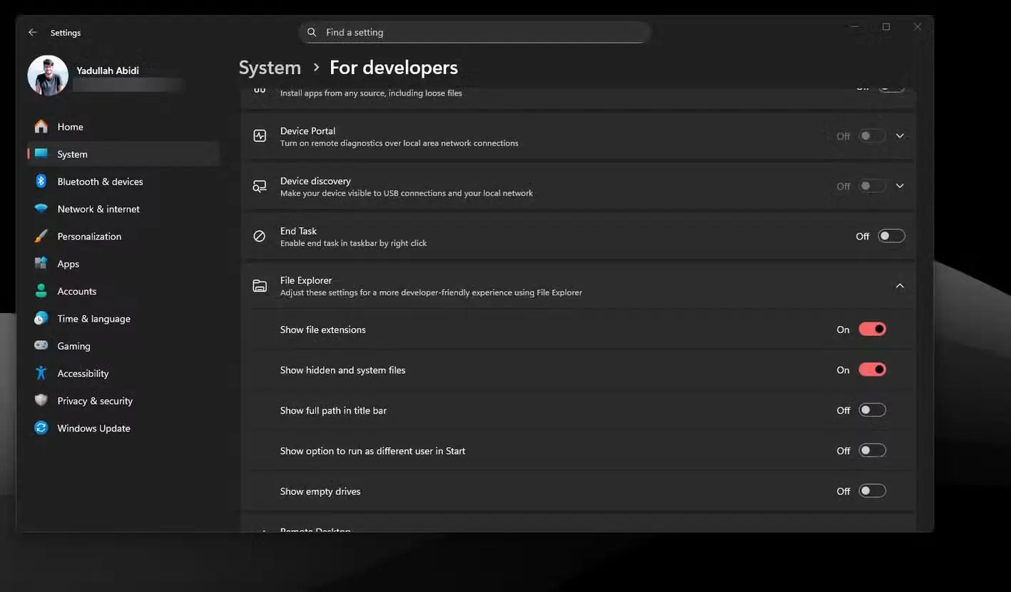 تنظیمات پسوند فایل در برنامهٔ Settings ویندوز