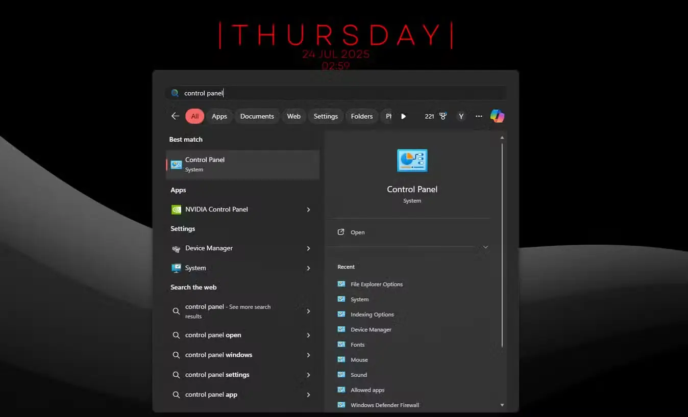 نمای Control Panel در نتایج جست‌وجوی Windows