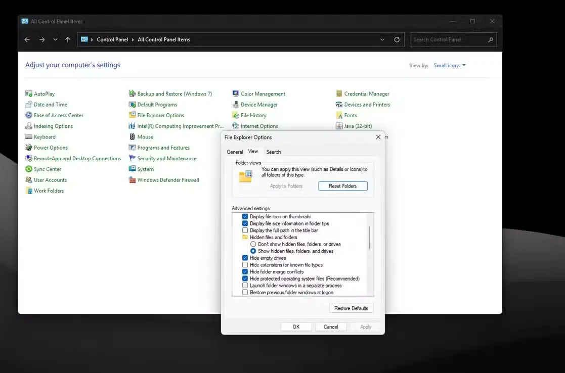 تنظیمات پسوند فایل در Control Panel