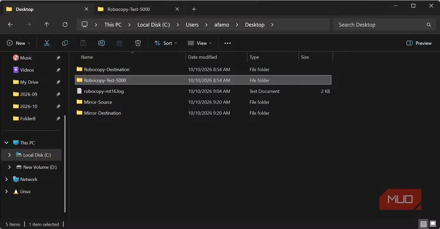 پیشنمایش آینهسازی مبدأ و مقصد در Robocopy