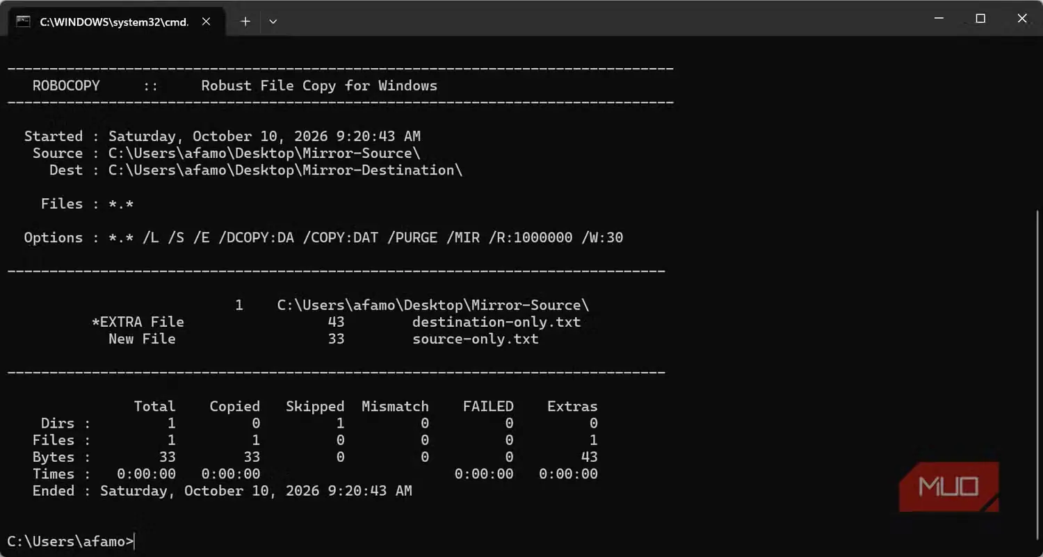 پیشنمایش عملیات آینهسازی در Robocopy